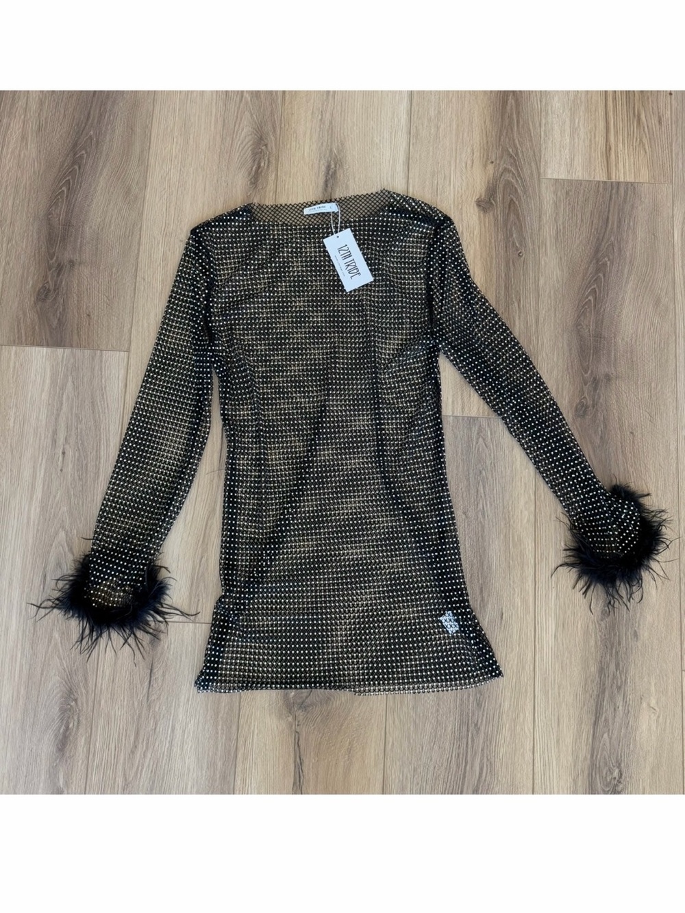 Martini Black Mesh Mini Dress Rhinestone Mesh dress with Feather Cuffs
